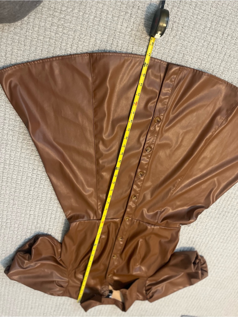 Maison Tara Cognac Faux Leather Puff-Sleeve Button-Front Mini Dress - Picture 5 of 16